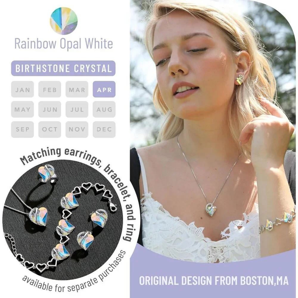 Infinity Love Birthstone Heart Pendant Opal White Necklace Women Mom Wife Silver